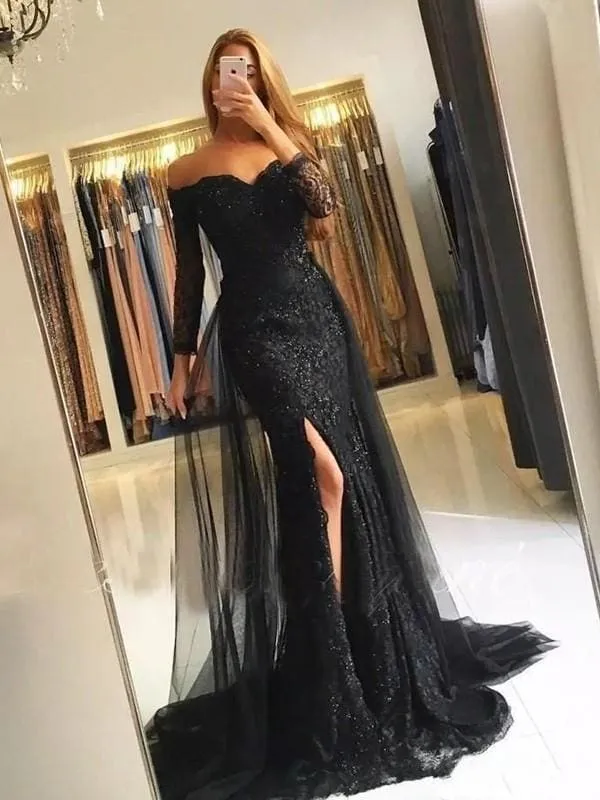 A| Bridelily Long Sleeves Off-The-Shoulder Sweep Train Lace Dresses