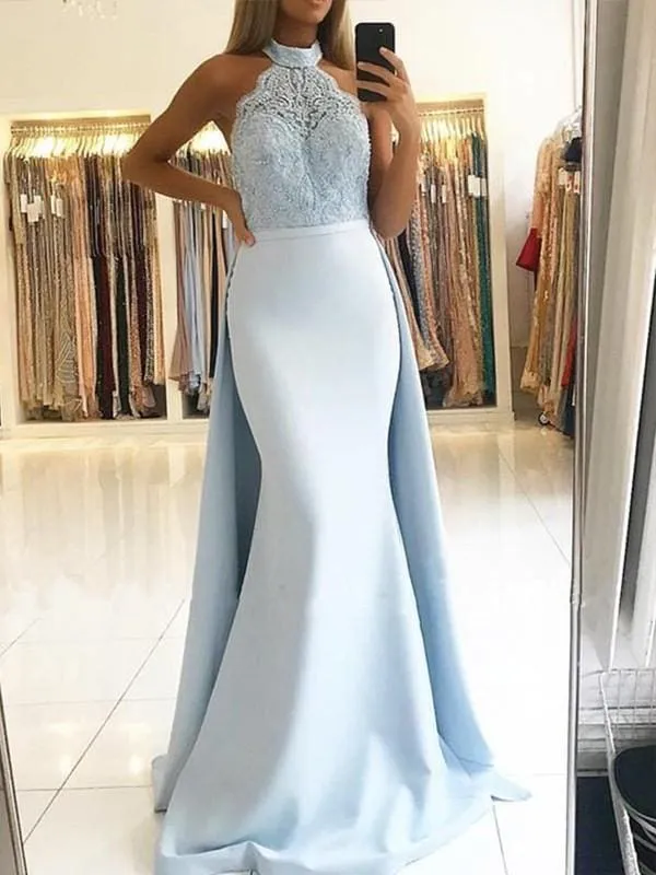 A| Bridelily Mermaid Sleeveless Halter Sweep Train Lace Satin Dresses
