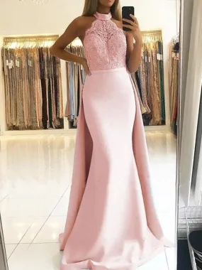 A| Bridelily Mermaid Sleeveless Halter Sweep Train Lace Satin Dresses