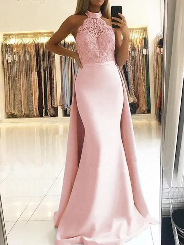 A| Bridelily Mermaid Sleeveless Halter Sweep Train Lace Satin Dresses