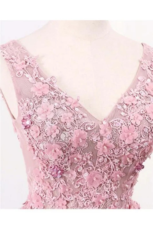 A Line V Neck Sleeveless Tulle Long with Flowers Cheap Party Prom Dress