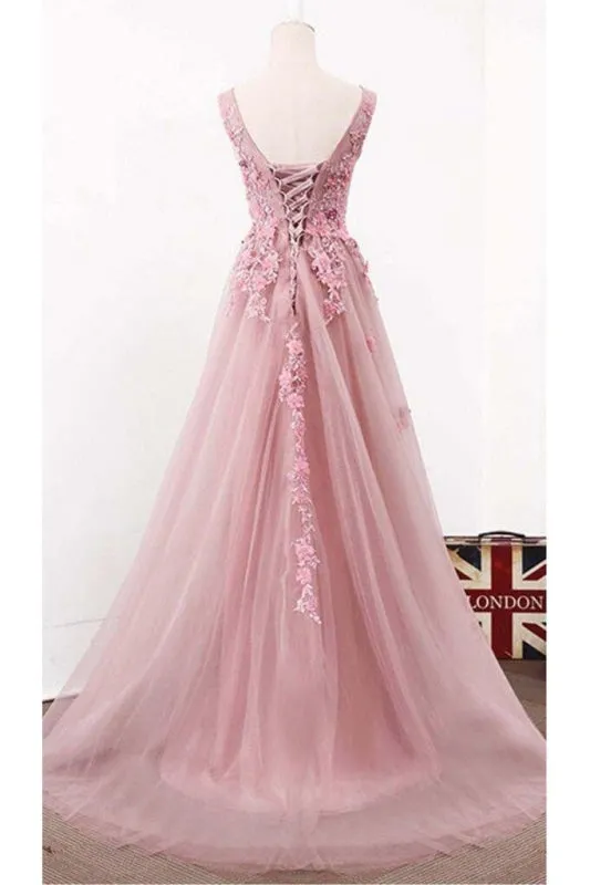 A Line V Neck Sleeveless Tulle Long with Flowers Cheap Party Prom Dress