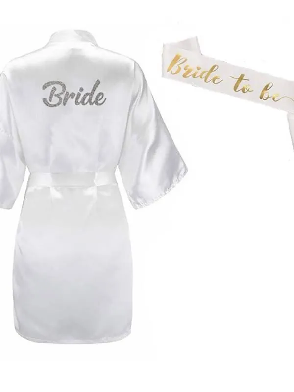 Bridelily 3Pc Set Of  Bride Slippers Bridal Sash Peignoir Satin Robes
