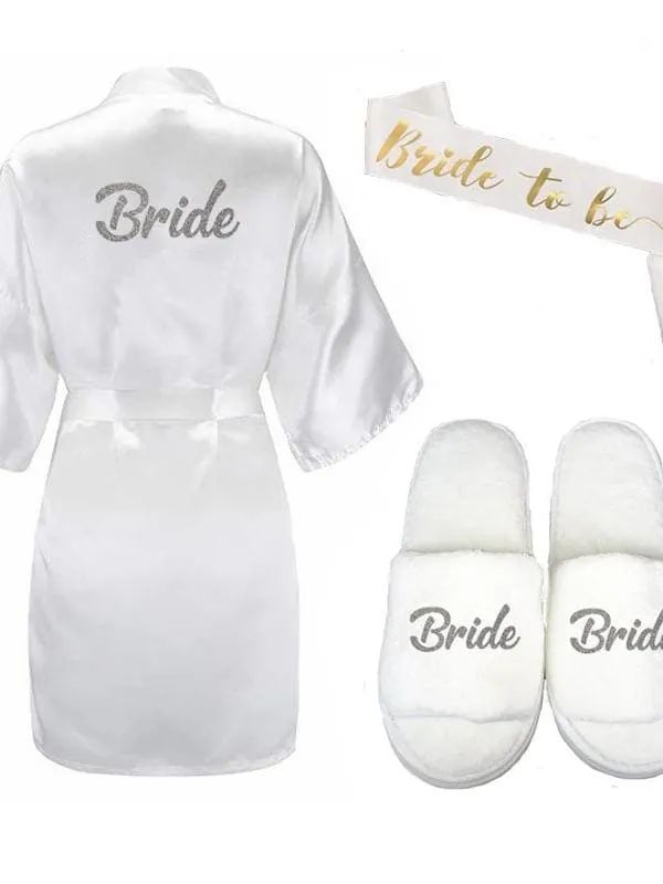 Bridelily 3Pc Set Of  Bride Slippers Bridal Sash Peignoir Satin Robes