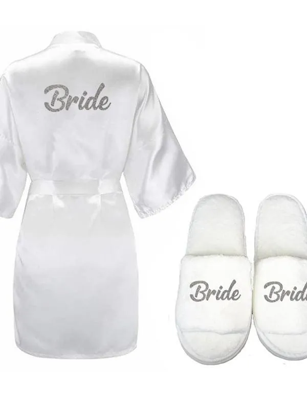 Bridelily 3Pc Set Of  Bride Slippers Bridal Sash Peignoir Satin Robes