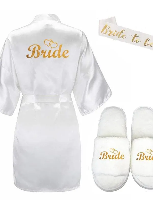 Bridelily 3Pc Set Of Glitter Gold Bride Satin Short Bride Robes FS9415