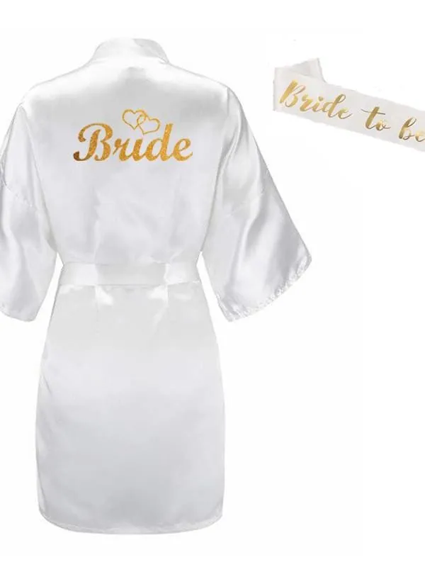 Bridelily 3Pc Set Of Glitter Gold Bride Satin Short Bride Robes FS9415