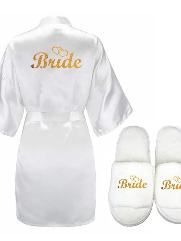 Bridelily 3Pc Set Of Glitter Gold Bride Satin Short Bride Robes FS9415