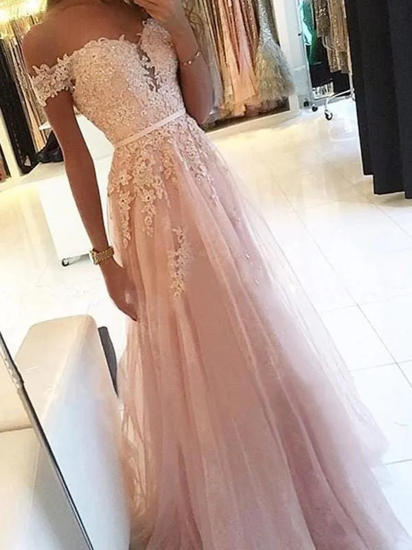 Bridelily A-Line Off-The-Shoulder Sleeveless Floor-Length With Applique Tulle Dresses