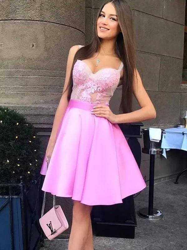 Bridelily A-Line Spaghetti Straps Satin With Applique Sleeveless Knee-Length Dresses