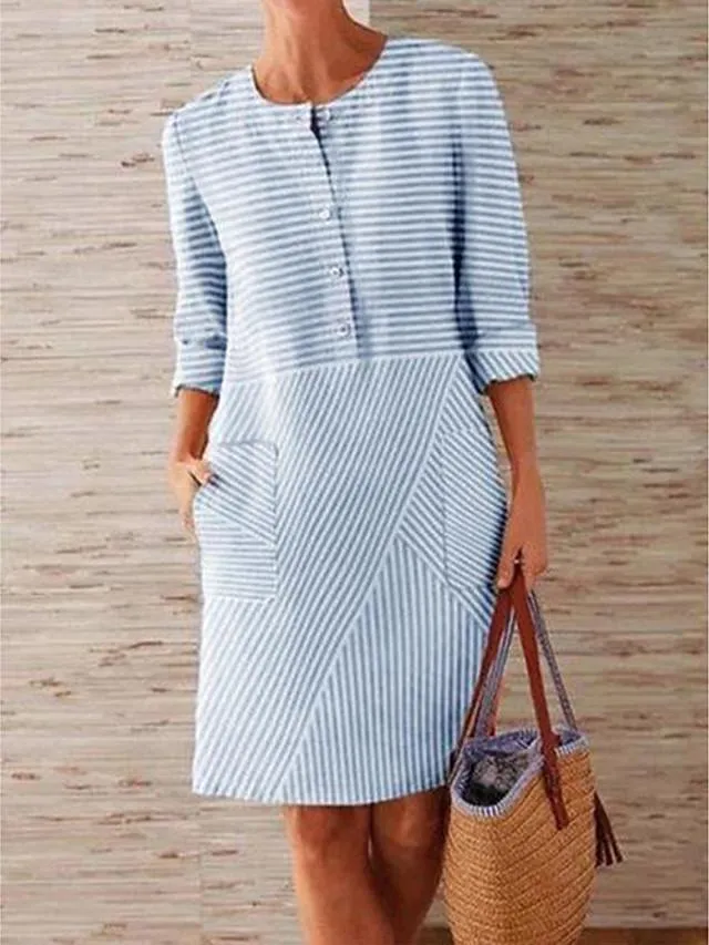 Dunnmall Women's Shift Dress Knee Length Dress - 3/4 Length Sleeve Striped Solid Color Clothing Summer Hot Casual Holiday Loose 2020 Blue Green Gray S M L XL XXL 3XL