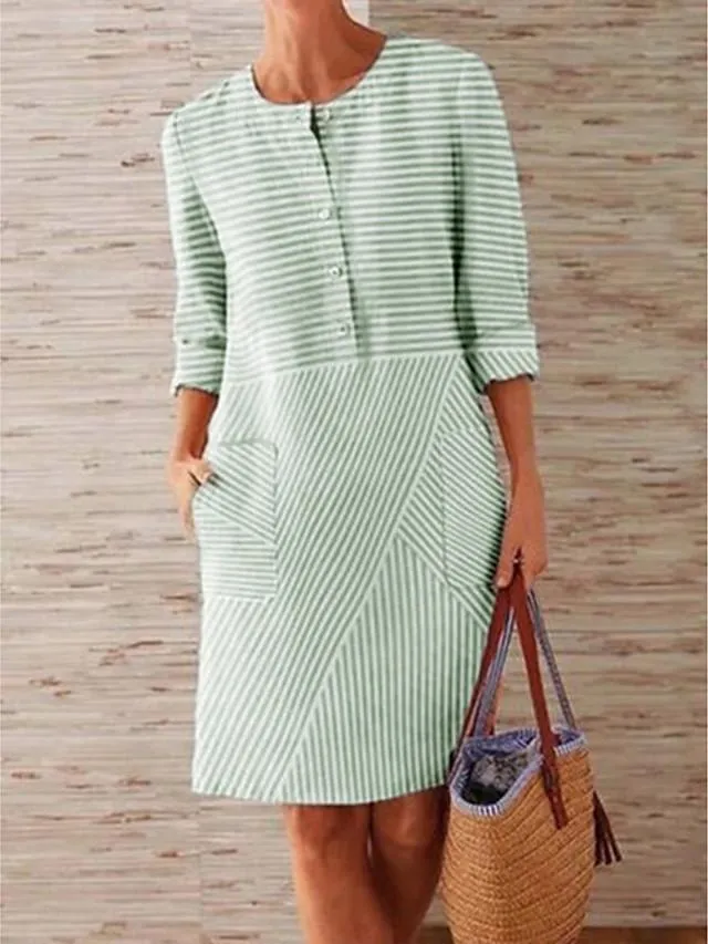Dunnmall Women's Shift Dress Knee Length Dress - 3/4 Length Sleeve Striped Solid Color Clothing Summer Hot Casual Holiday Loose 2020 Blue Green Gray S M L XL XXL 3XL