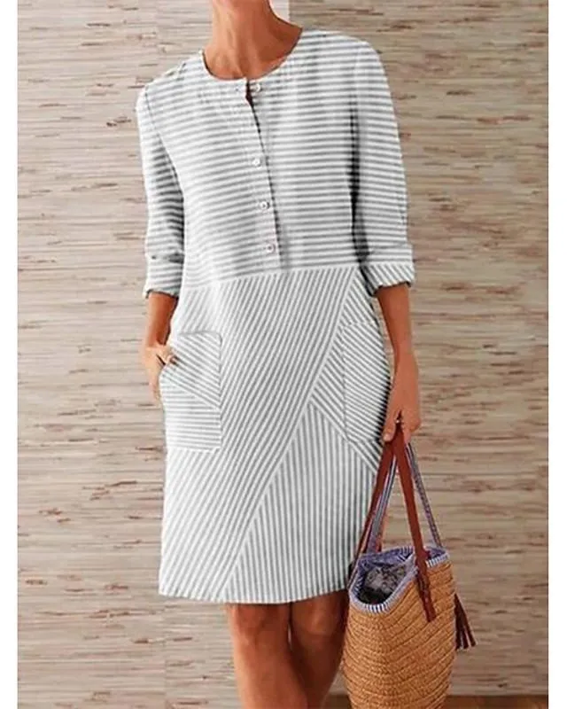 Dunnmall Women's Shift Dress Knee Length Dress - 3/4 Length Sleeve Striped Solid Color Clothing Summer Hot Casual Holiday Loose 2020 Blue Green Gray S M L XL XXL 3XL