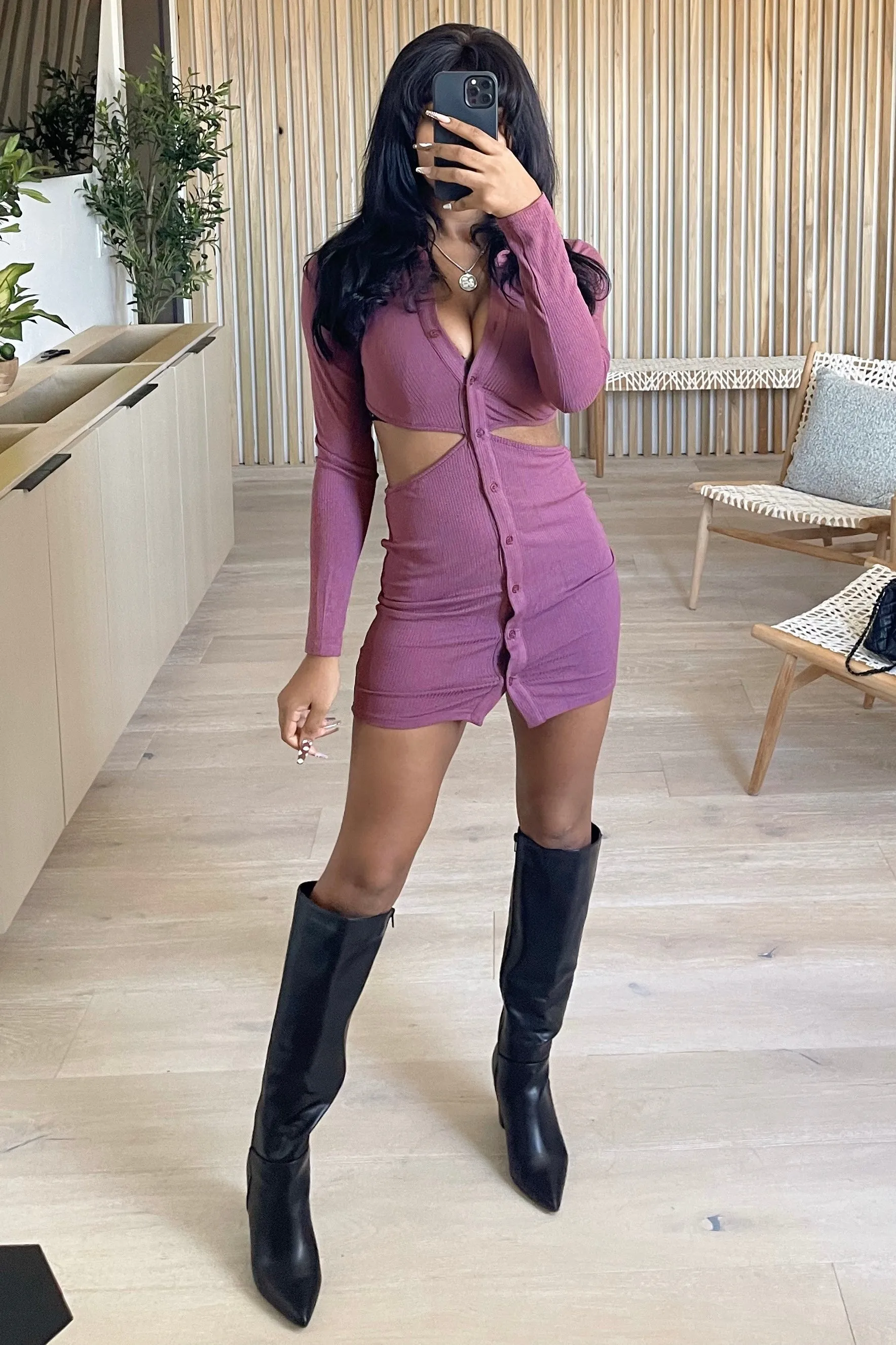 Lourde Button Side Cutout Dress (Plum Purple)