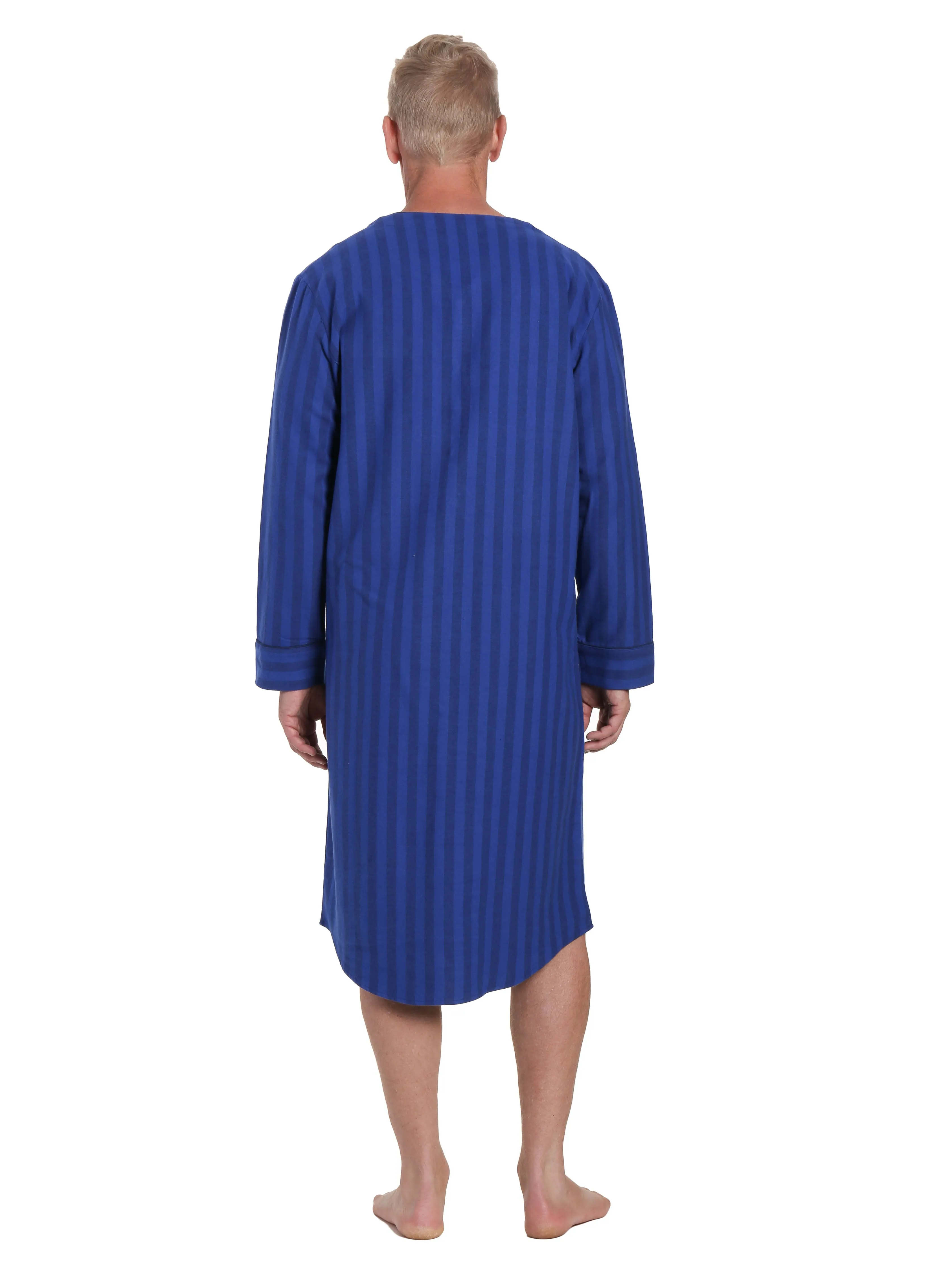 Mens 100% Cotton Flannel Nightshirt - Stripes Tonal Blue