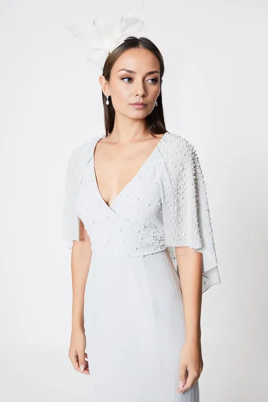 Pearl Embellished Cape Wrap V-Neck High Low Midi Dress Wedding Guest Party Dresses Mother of the Bride Dresse