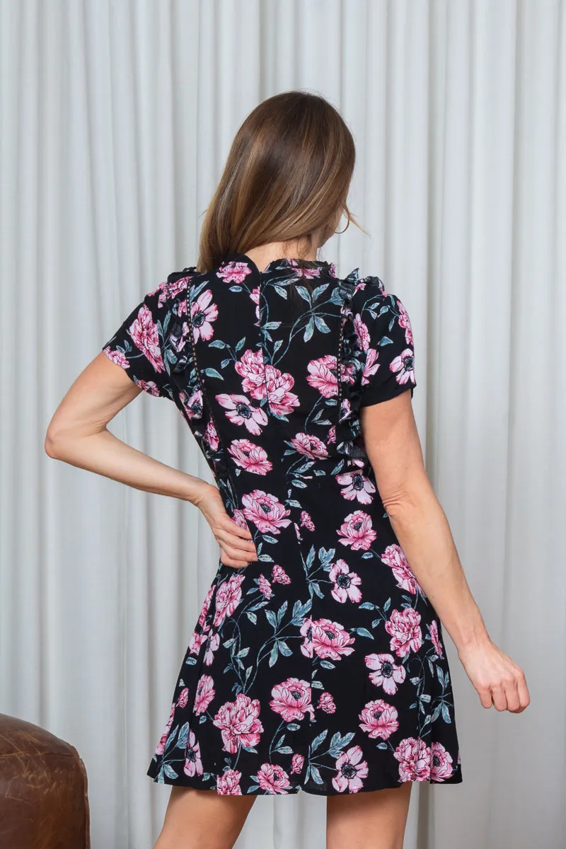 Round Neck Short Sleeve Floran Mini Dress  Full Lining (185269)